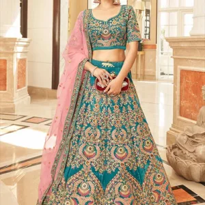 Designer Teal Velvet Lehenga with Soft Net Dupatta